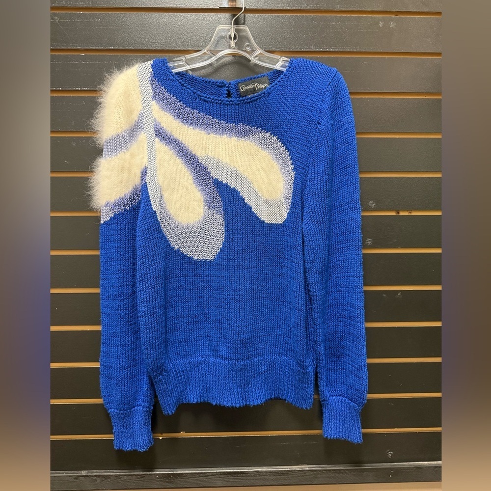 Vintage Angora Blend Sweater Blue Floral Fuzzy Shoulder Medium